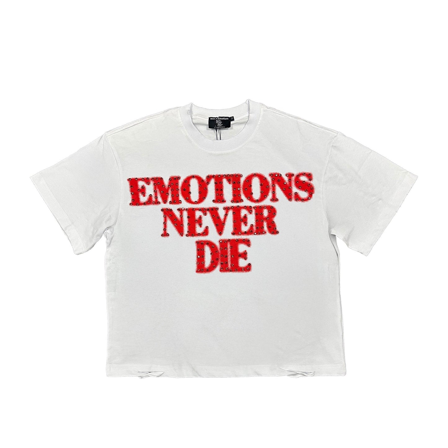 Mixed Emotion Brand Rhinestone white shirt with Red print