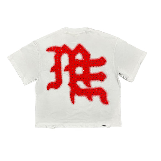 Mixed Emotion Brand Rhinestone white shirt with Red print