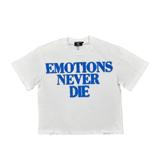 Mixed Emotion white shirt with Blue End print