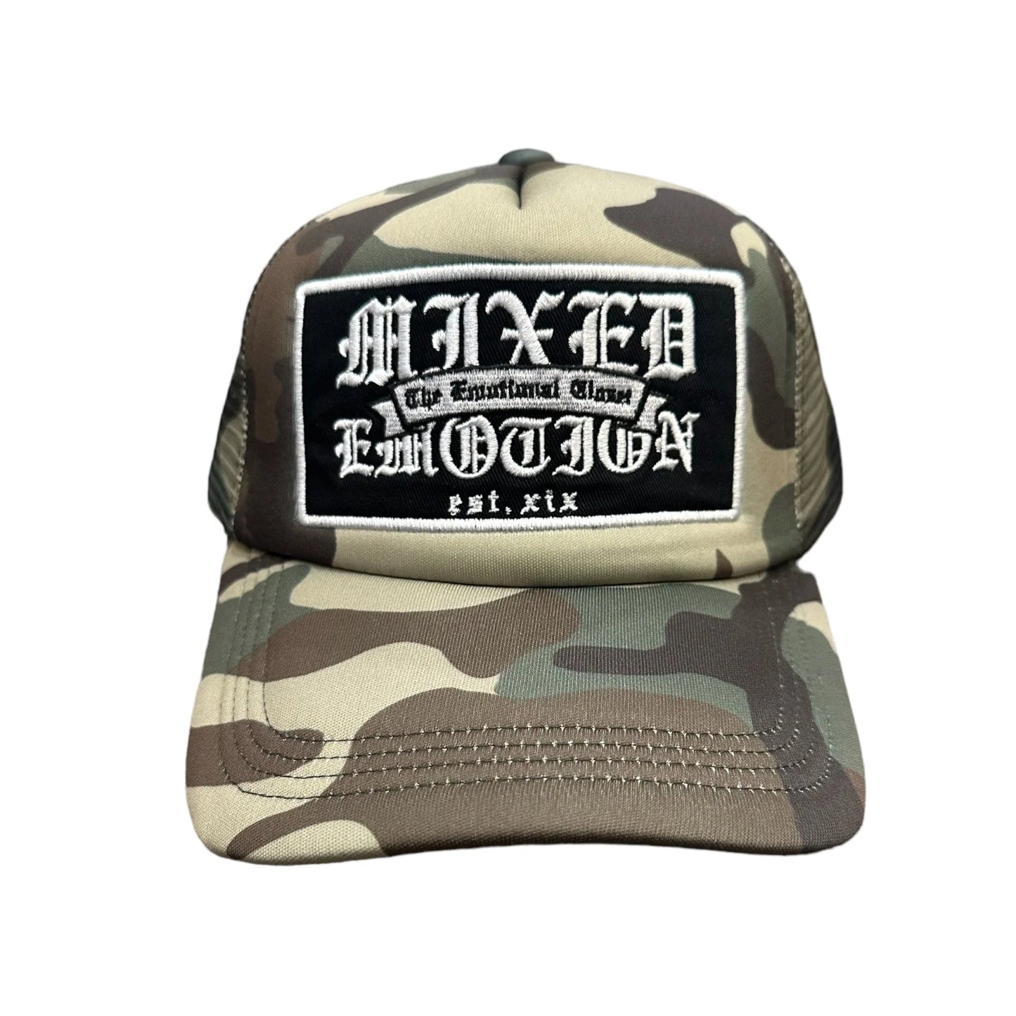 Mixed Emotion Brand Camo Trucker Hat