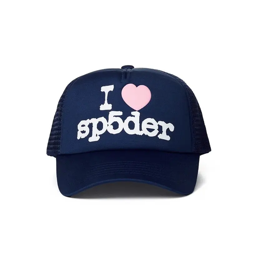 Navy blue cap with 'I ❤️ sp5der' text on a white background
