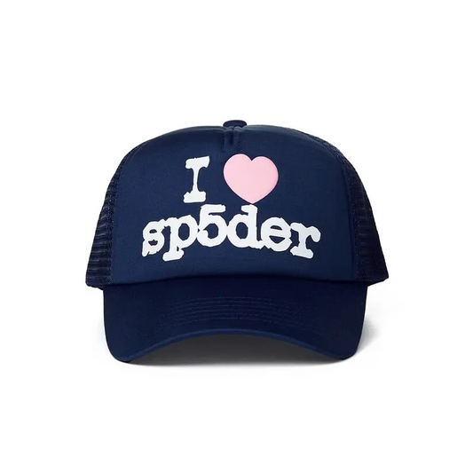 Navy blue cap with 'I ❤️ sp5der' text on a white background